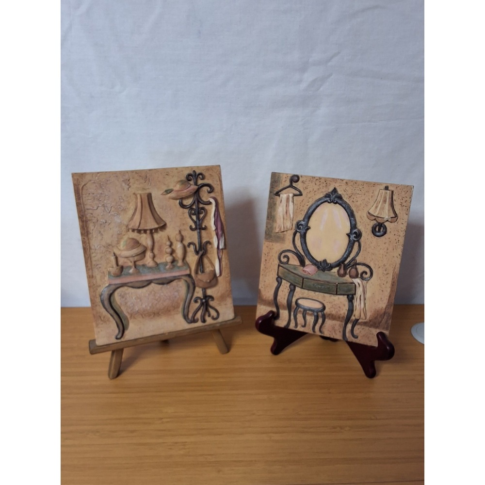 Vintage Pair Of Silvia Vassileva 3D Resin Relief Vanity Wall Plaques. Lot Of 2